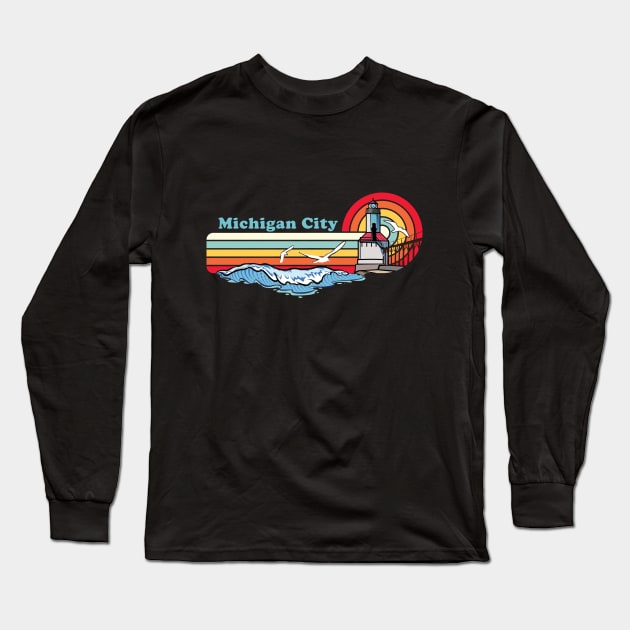 Michigan City Indiana Retro Beach Lighthouse Design Long Sleeve T-Shirt by SuburbanCowboy